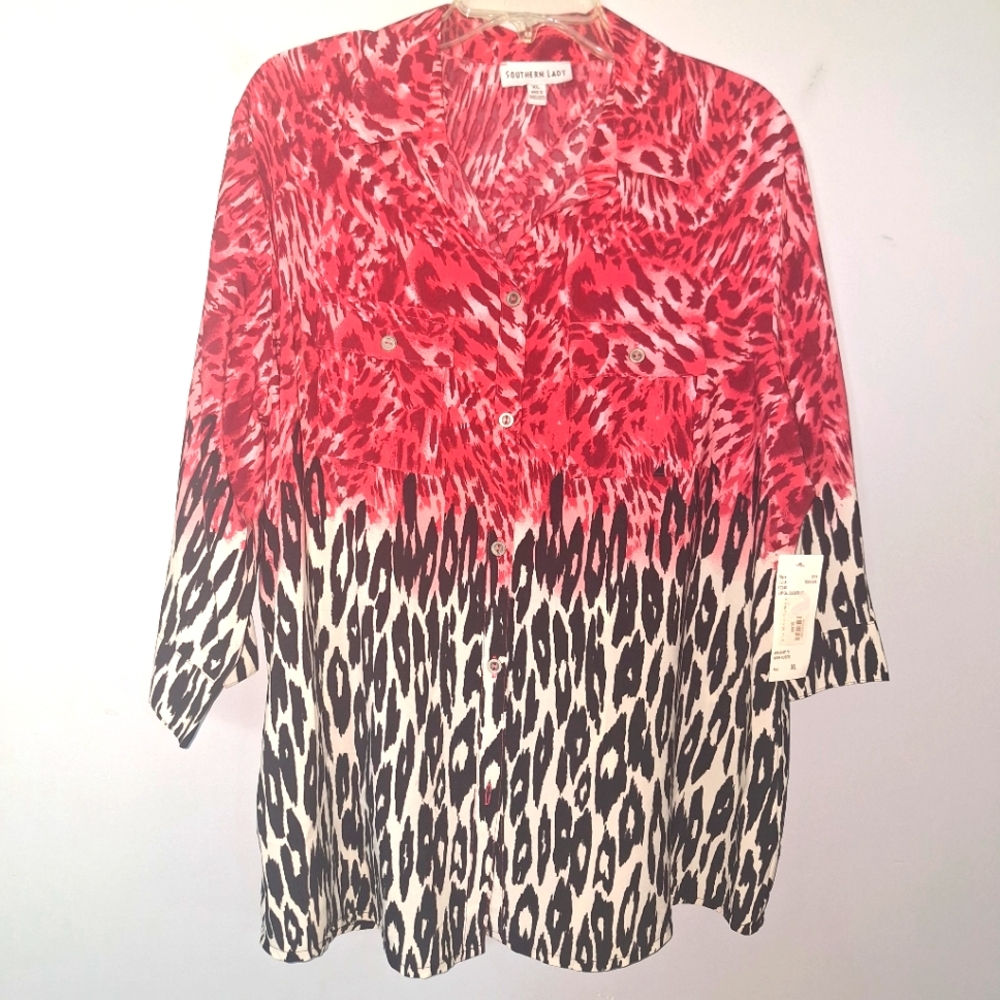 Southern Lady XL NWT Blouse Pink Black Animal Print Button Down 3/4 Sleeves Top
